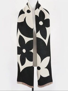 Black and Cream Floral Knit Scarf Wrap